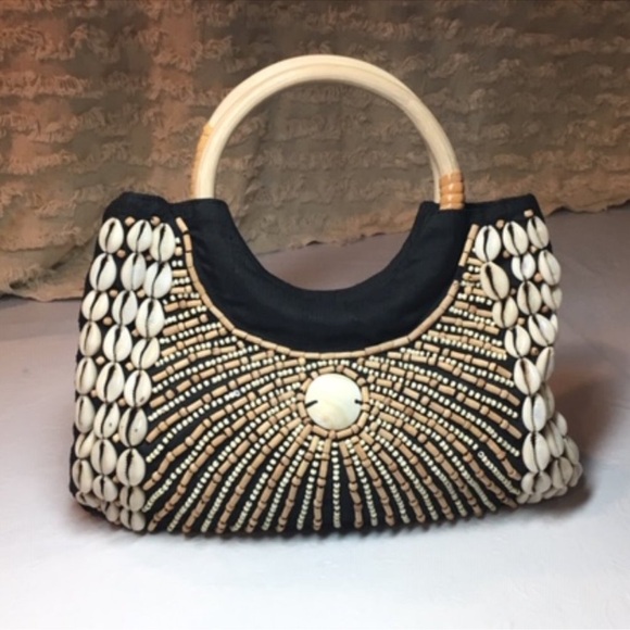 Purse Black w/Beads, Cowrie Shells Wooden Handle Boho Handbag Whitehouse Market - Picture 7 of 8